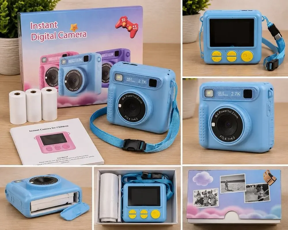 Kids Instant Print Digital Camera 48MP 2.7K Blue w/ Paper Rolls New Open Box